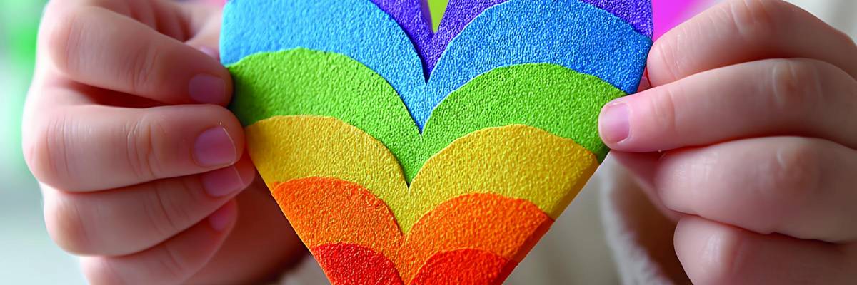 Kinderhände, die ein buntes Herz aus Papier hochhalten