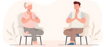 Grafik einer Frau und eines Mannes, die jeweils auf einem Stuhl sitzen und eine Yoga-Pose eingenommen haben.